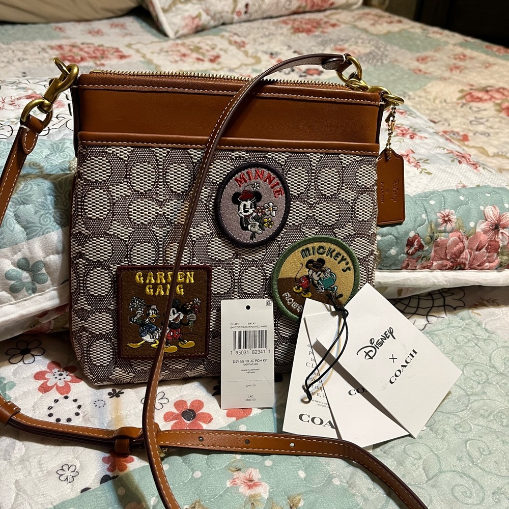 Coach Brown Signature Canvas Crossbody with Mickey Patches with Disney key chain